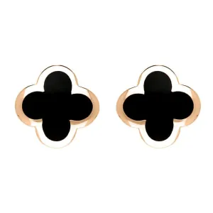 9ct Rose Gold Whitby Jet Bloom Four Leaf Clover Stud Earrings