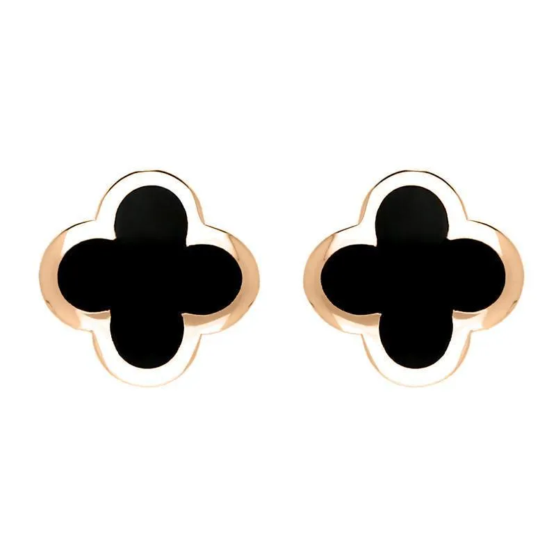 9ct Rose Gold Whitby Jet Bloom Four Leaf Clover Stud Earrings