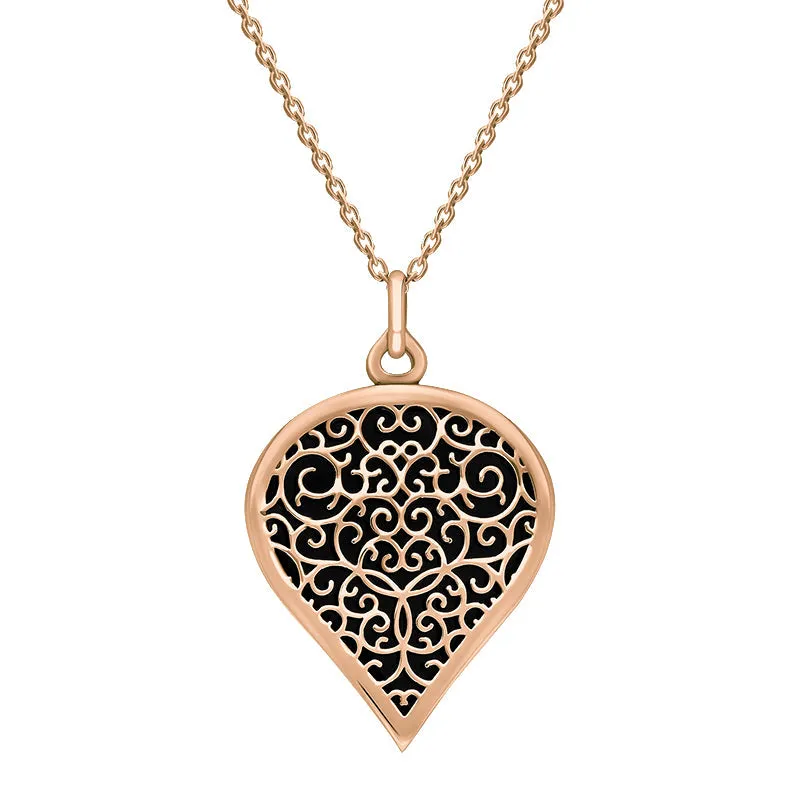 9ct Rose Gold Whitby Jet Flore Filigree Large Heart Necklace