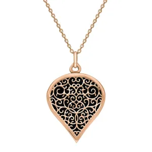 9ct Rose Gold Whitby Jet Flore Filigree Large Heart Necklace
