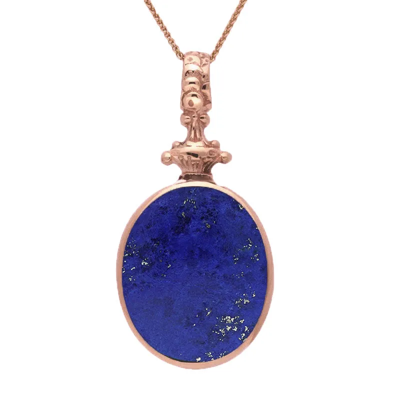 9ct Rose Gold Whitby Jet Lapis Lazuli Double Sided Oval Fob Necklace