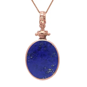 9ct Rose Gold Whitby Jet Lapis Lazuli Double Sided Oval Fob Necklace