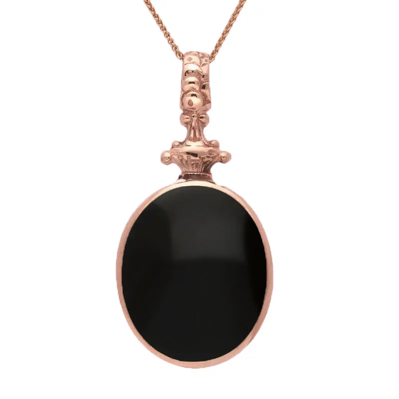 9ct Rose Gold Whitby Jet Lapis Lazuli Double Sided Oval Fob Necklace