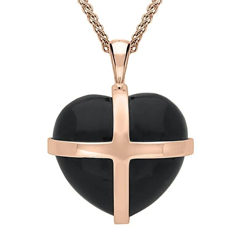 9ct Rose Gold Whitby Jet Large Cross Heart Necklace