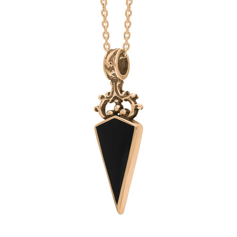 9ct Rose Gold Whitby Jet Malachite Double Sided Scroll Dagger Fob Necklace