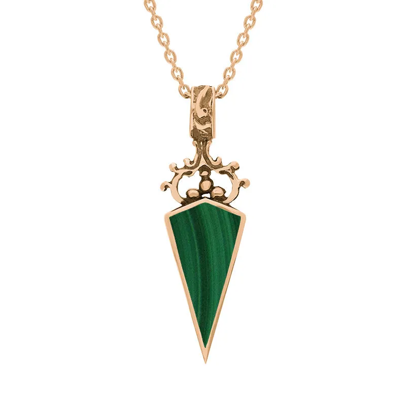 9ct Rose Gold Whitby Jet Malachite Double Sided Scroll Dagger Fob Necklace