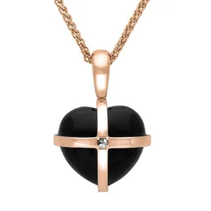 9ct Rose Gold Whitby Jet Marcasite Small Cross Heart Necklace