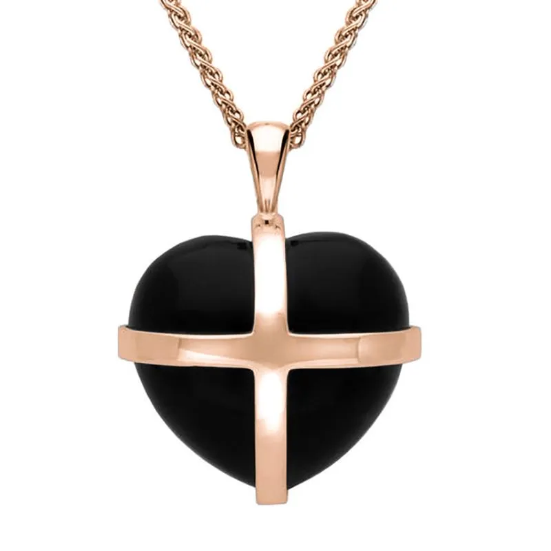 9ct Rose Gold Whitby Jet Medium Cross Heart Necklace D