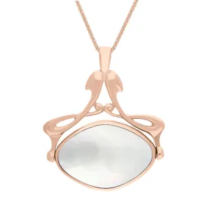 9ct Rose Gold Whitby Jet Mother Of Pearl Bell Diamond Swivel Fob Necklace