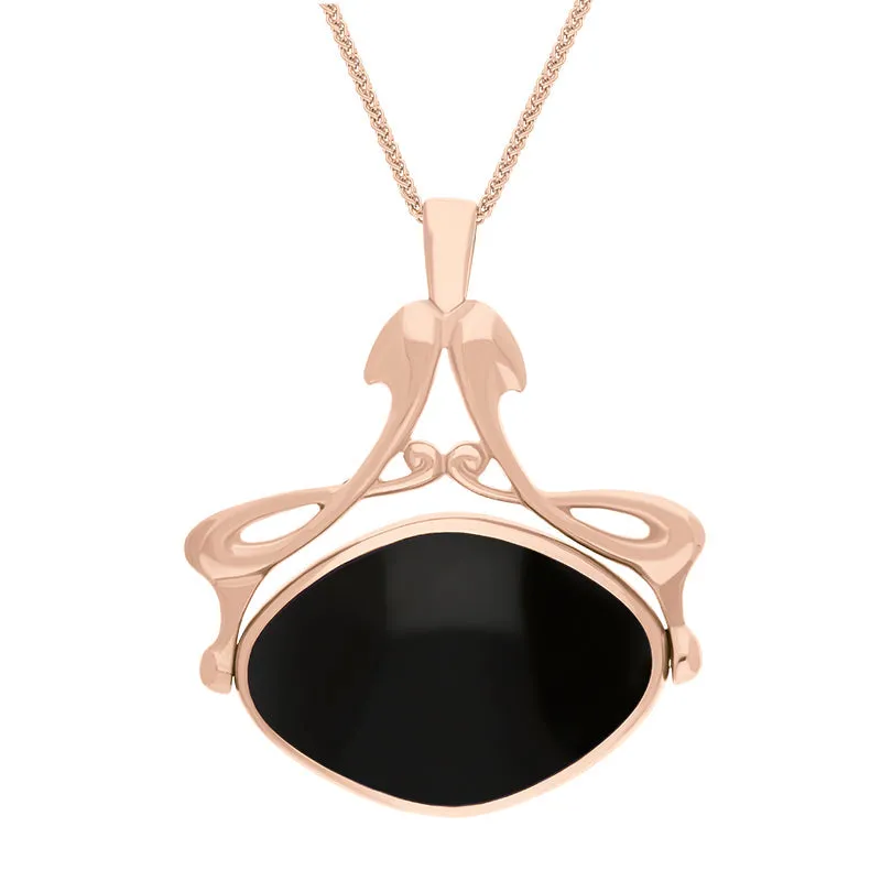 9ct Rose Gold Whitby Jet Mother Of Pearl Bell Diamond Swivel Fob Necklace