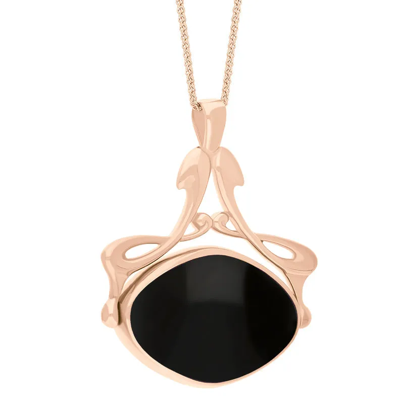 9ct Rose Gold Whitby Jet Mother Of Pearl Bell Diamond Swivel Fob Necklace