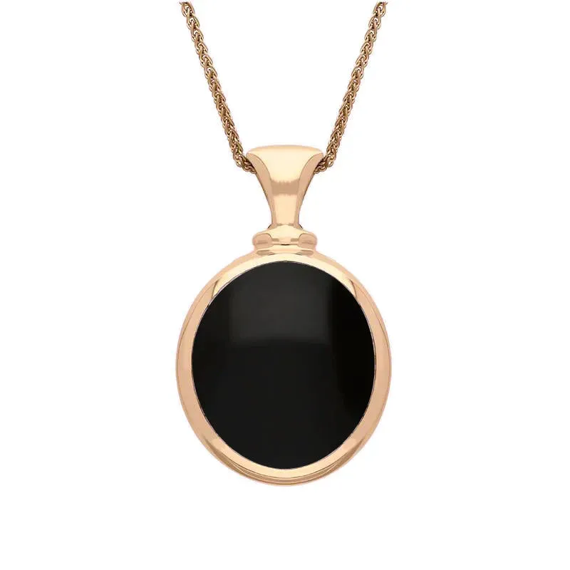 9ct Rose Gold Whitby Jet Mother Of Pearl Small Double Sided Oval Fob Necklace