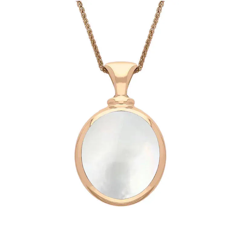 9ct Rose Gold Whitby Jet Mother Of Pearl Small Double Sided Oval Fob Necklace