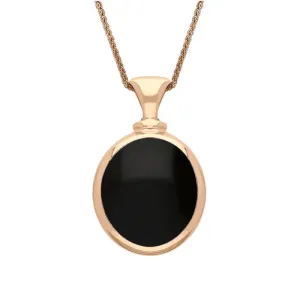 9ct Rose Gold Whitby Jet Mother Of Pearl Small Double Sided Oval Fob Necklace