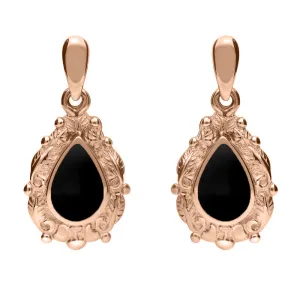 9ct Rose Gold Whitby Jet Pear Shaped Leaf Drop Earrings
