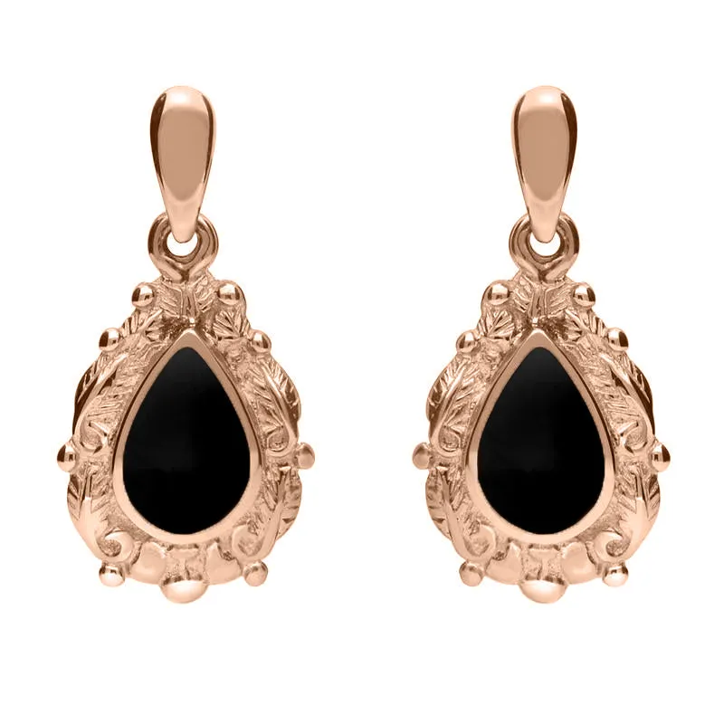 9ct Rose Gold Whitby Jet Pear Shaped Leaf Drop Earrings