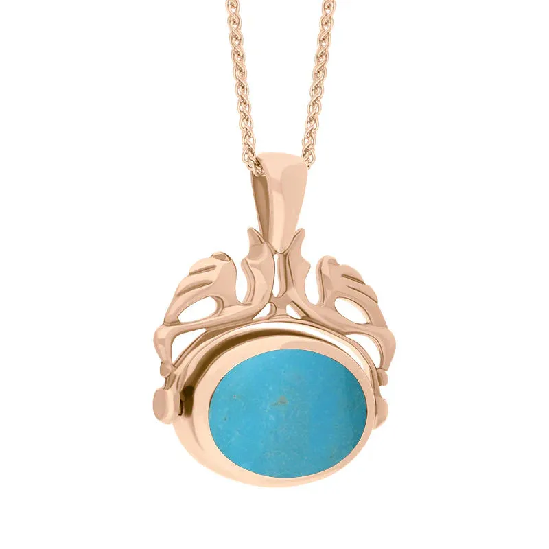 9ct Rose Gold Whitby Jet Turquoise Double Sided Oval Swivel Fob Necklace