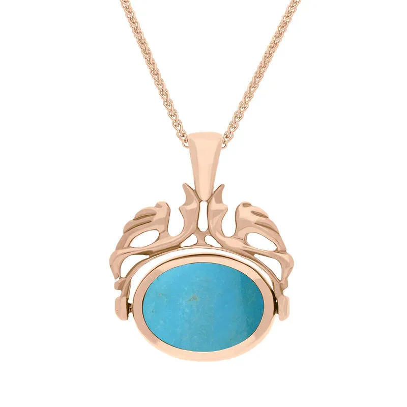 9ct Rose Gold Whitby Jet Turquoise Double Sided Oval Swivel Fob Necklace