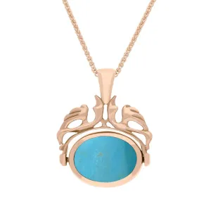 9ct Rose Gold Whitby Jet Turquoise Double Sided Oval Swivel Fob Necklace