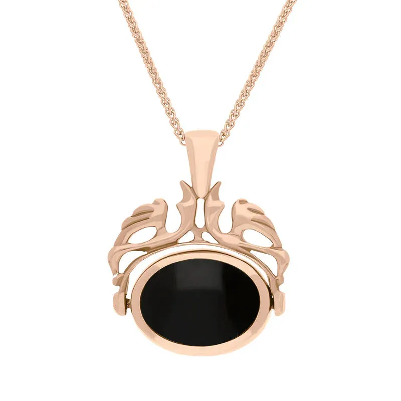 9ct Rose Gold Whitby Jet Turquoise Double Sided Oval Swivel Fob Necklace