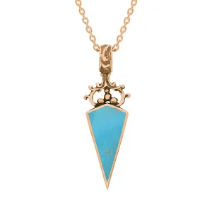 9ct Rose Gold Whitby Jet Turquoise Double Sided Scroll Dagger Fob Necklace