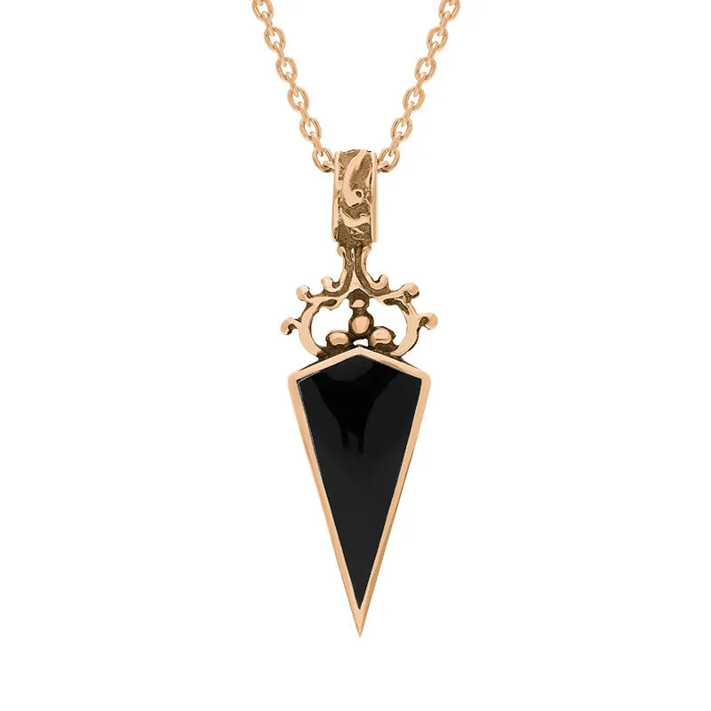 9ct Rose Gold Whitby Jet Turquoise Double Sided Scroll Dagger Fob Necklace