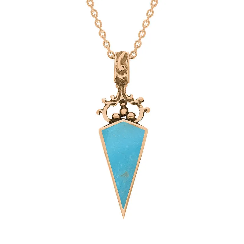 9ct Rose Gold Whitby Jet Turquoise Double Sided Scroll Dagger Fob Necklace
