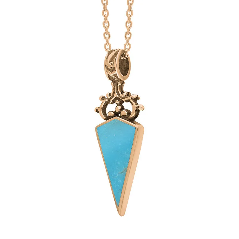 9ct Rose Gold Whitby Jet Turquoise Double Sided Scroll Dagger Fob Necklace