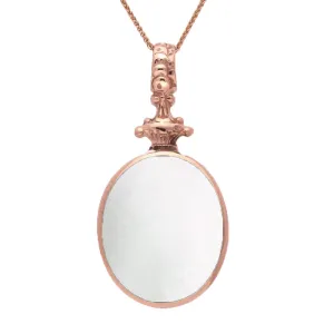 9ct Rose Gold Whitby Jet White Mother Of Pearl Double Sided Oval Fob Necklace