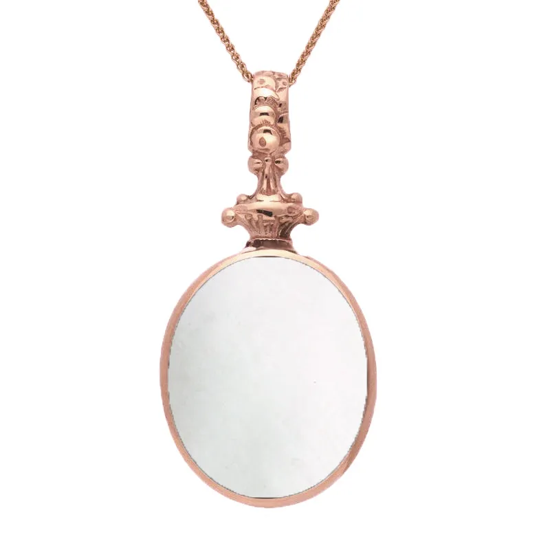 9ct Rose Gold Whitby Jet White Mother Of Pearl Double Sided Oval Fob Necklace