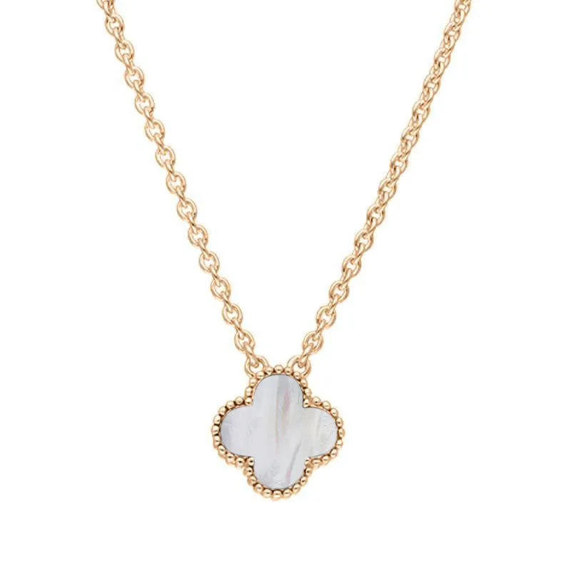 9ct Rose Gold White Mother of Pearl Bloom Small Four Leaf Clover Ball Edge Chain Necklet