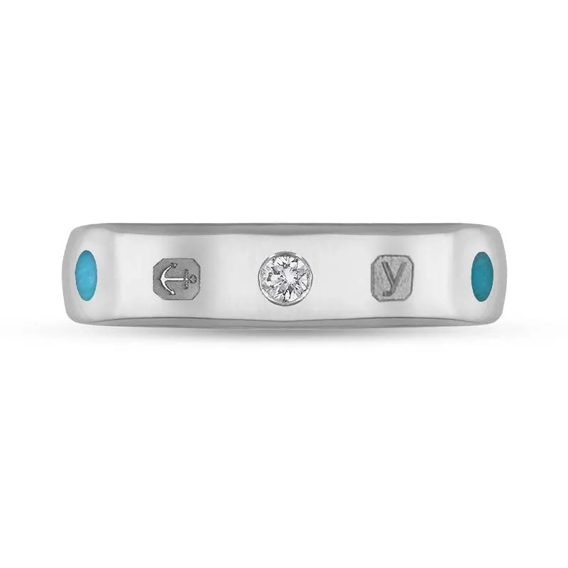 9ct White Gold 0.08ct Diamond Turquoise King's Coronation Hallmark 5mm Ring D