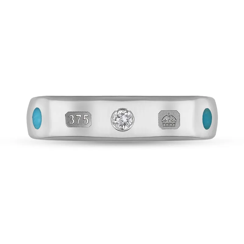 9ct White Gold 0.08ct Diamond Turquoise King's Coronation Hallmark 5mm Ring D
