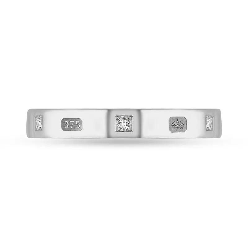 9ct White Gold 0.09ct Diamond Queen's Jubilee Hallmark Princess Cut 3mm Ring D
