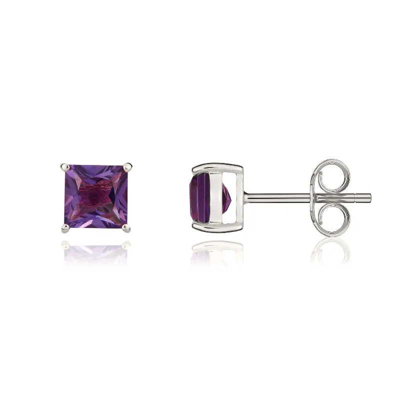 9ct White Gold Amethyst 5mm Princess Cut Claw Set Stud Earrings D