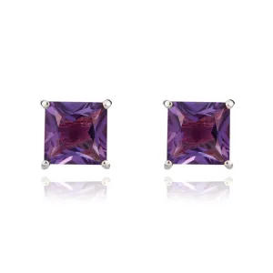 9ct White Gold Amethyst 5mm Princess Cut Claw Set Stud Earrings D