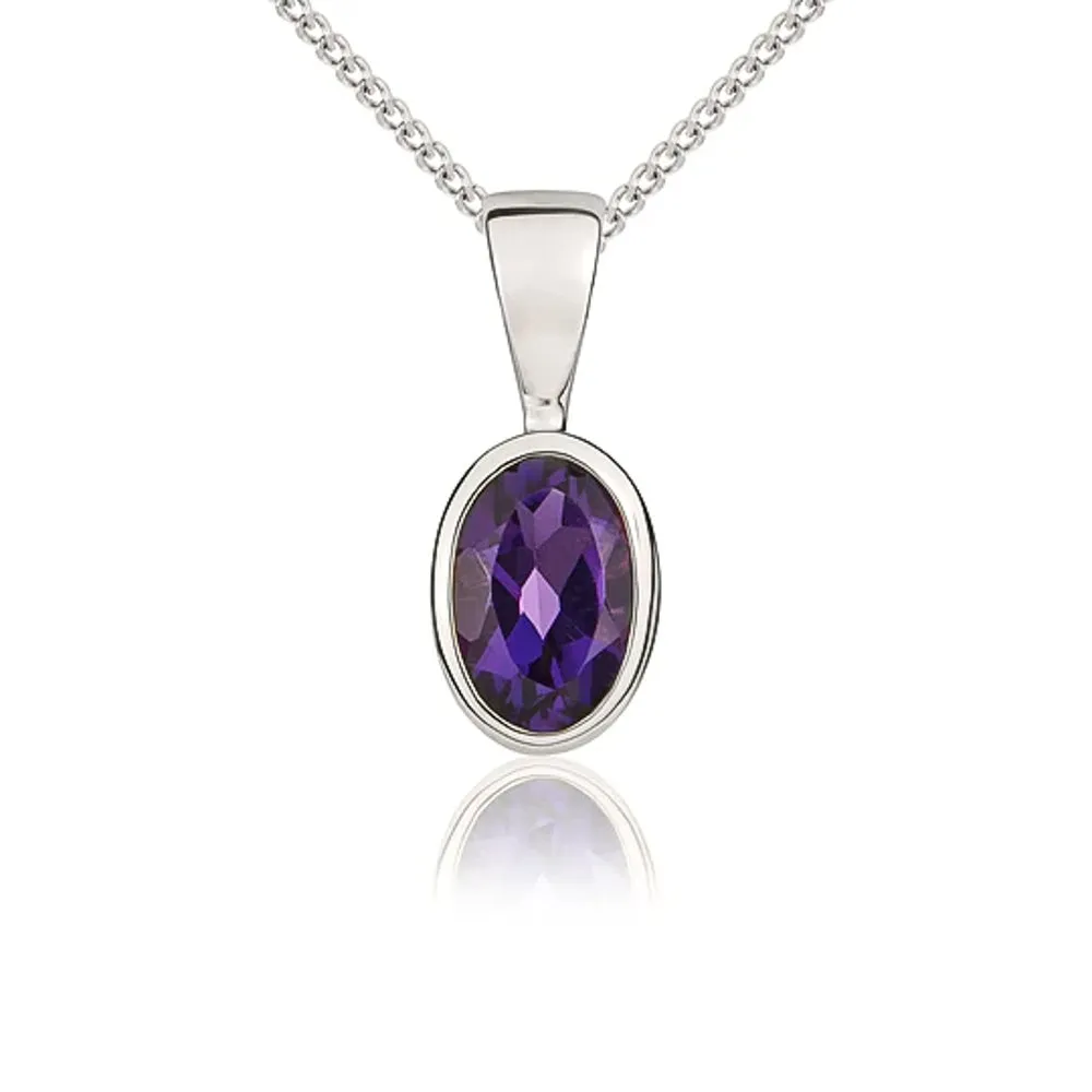 9ct White Gold Amethyst 6x4mm Oval Rub Over Set Pendant