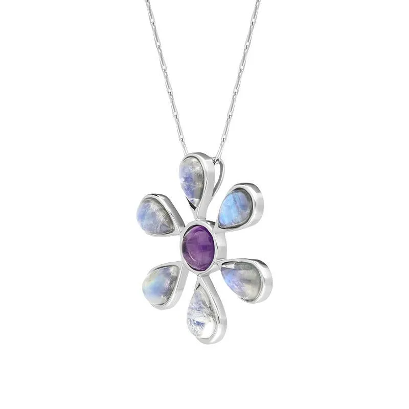 9ct White Gold Amethyst Moonstone Six Petal Flower Necklace