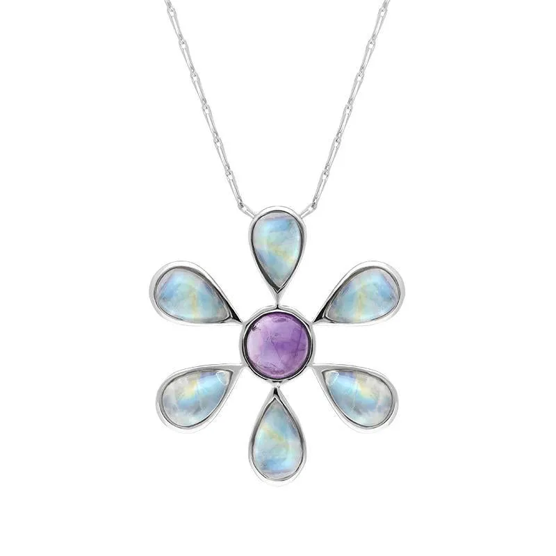 9ct White Gold Amethyst Moonstone Six Petal Flower Necklace