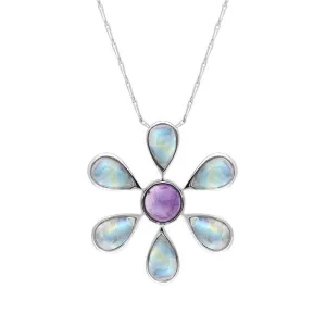 9ct White Gold Amethyst Moonstone Six Petal Flower Necklace