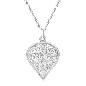 9ct White Gold Bauxite Flore Filigree Large Heart Necklace