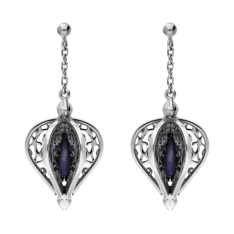 9ct White Gold Blue Goldstone Flore Filigree Drop Earrings