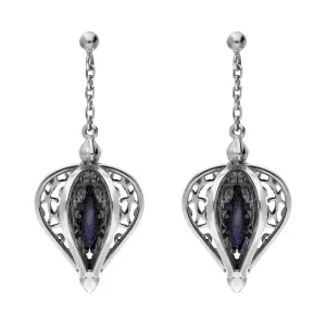9ct White Gold Blue Goldstone Flore Filigree Drop Earrings