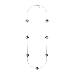 9ct White Gold Blue John Bloom Four Leaf Clover Ball Edge Long Necklace