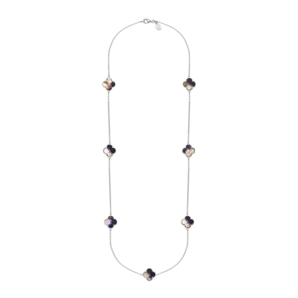 9ct White Gold Blue John Bloom Four Leaf Clover Ball Edge Long Necklace
