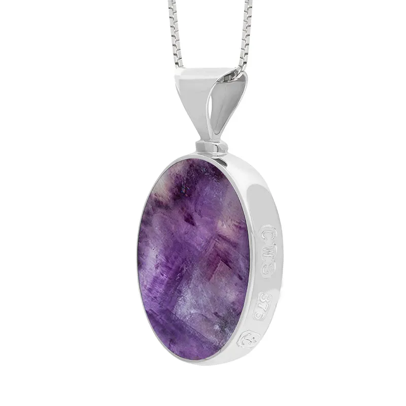 9ct White Gold Blue John Mother of Pearl Hallmark Double Sided Oval Necklace