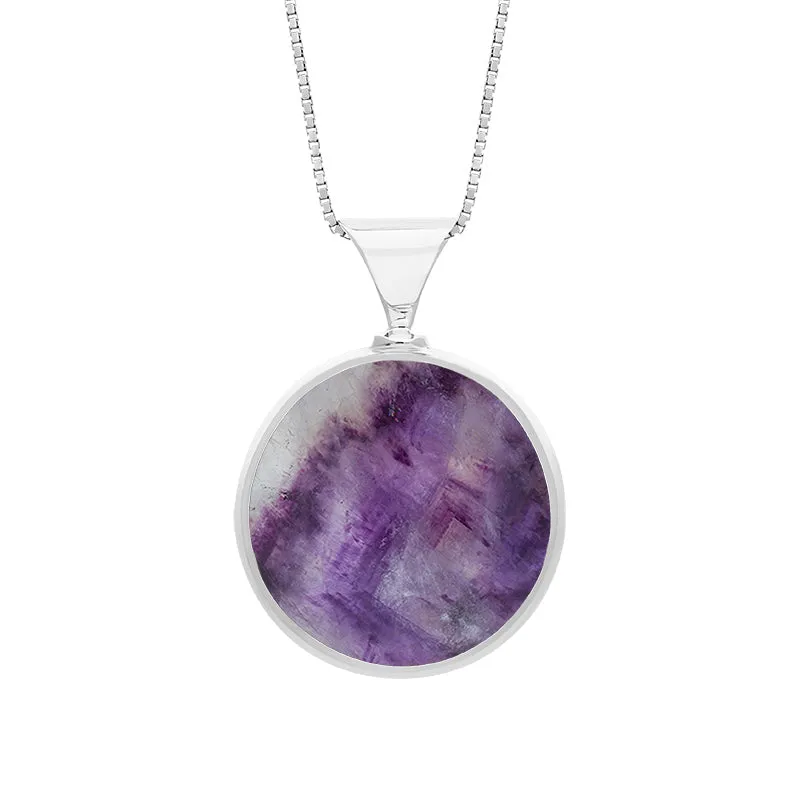 9ct White Gold Blue John Mother of Pearl Queens Jubilee Hallmark Double Sided Round Necklace D