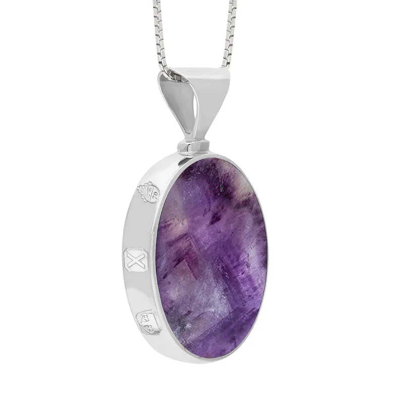9ct White Gold Blue John Whitby Jet Queens Jubilee Hallmark Double Sided Oval Necklace D