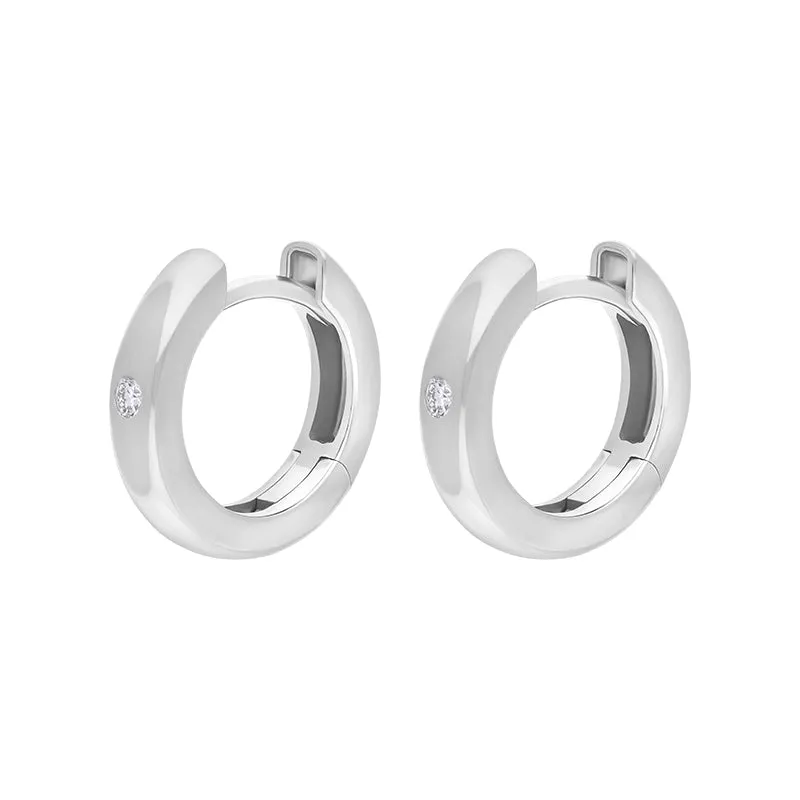 9ct White Gold Diamond 13mm Round Domed Hoop Earrings