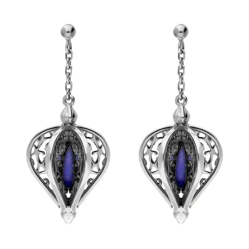 9ct White Gold Lapis Lazuli Flore Filigree Drop Earrings